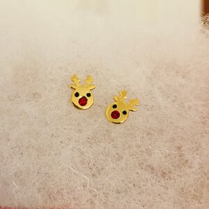 Rudolphs the red nose Reindeer gold stud earrings  Holly berry leaves Stocking Christmas Holiday Gift for children Stocking Gift for kids
