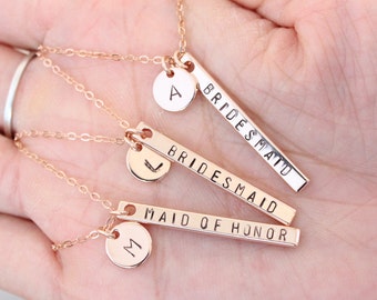 personalized gift, Bridesmaid gift, initial necklace, bridal party gift, custom name, custom necklace, rose gold bar necklace disk necklace