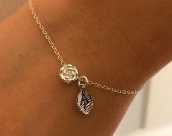 Tiny Rose initial leaf bracelet, Flower bracelet, Dainty Delicate bracelet Bridesmaid Gift, Flower Girl Gift Minimalist Sister Gift for Mom