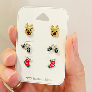 Christmas gift Rudolphs Reindeer earrings  Holly berry leaves Stocking tiny stud earrings  Holiday Gift for children Stocking Gift for kids