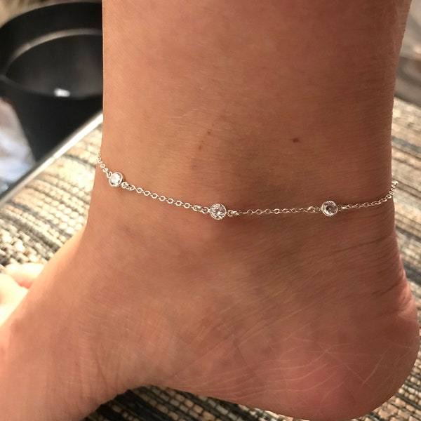Cz diamond anklet, station anklet bracelet,  Dainty anklet Delicate anklet Simple anklet Tiny anklet, summer, Wedding jewelry Gift for woman
