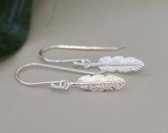 Sterling silver feather earrings, tiny dangle earrings, simple earrings, rememberance, charm earirngs, children earrings, everyday jewelry