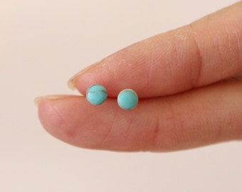 Tiny turquoise stud earrings, blue stud earrings, round dainty earrings, teeny tiny silver studs, everyday earrings, child earrings children