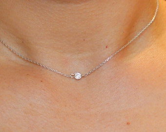 Diamond solitaire necklace, Tiny CZ diamond necklace, gold necklace, delicate necklace, minimal necklace, choker necklace, layered necklace