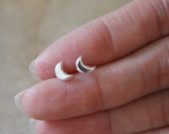 Crescent moon stud earrings, tiny stud earrings, moon earrings, teeny tiny studs, minimalist, everyday jewelry, modern, contemporary,