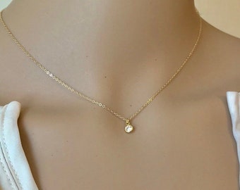 Cz Diamant Halskette, Solitär Choker Halskette, zierliche Halskette, einfache kleine Goldkette, Minimalist, Brautjungfer Geschenk,