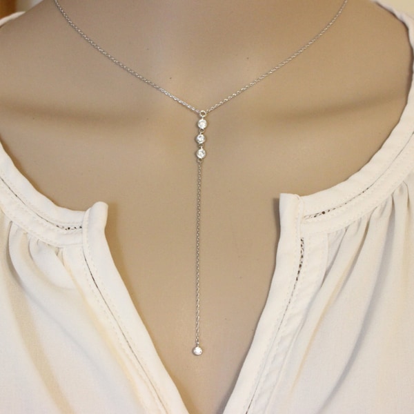 Lariat necklace, Cz Diamond Gold lariat necklace, Y necklace, layered necklace, Long Necklace, Delicate gold necklace, simple lariat.