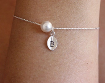 Tiny initial bracelet, personalized pearl bracelet, bridesmaid gift, letter bracelet , dainty bracelet, silver bracelet, simple, minimal