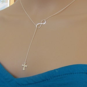 Sterling Silver Infinity Cross Necklace, Infinity Necklace, Cross Necklace, Lariat necklace, Mother Gift, Sister Gift. image 3