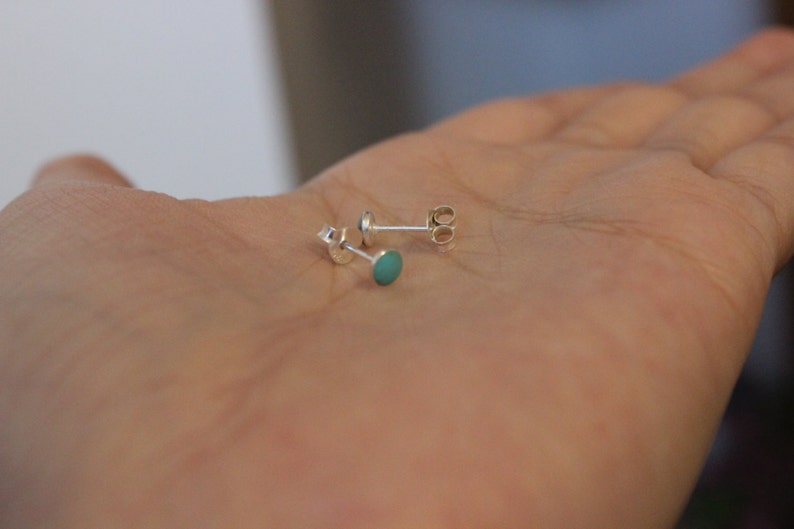 Tiny turquoise stud earrings, blue stud earrings, round dainty earrings, teeny tiny silver studs, everyday earrings, child earrings children image 3