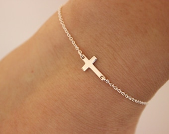 Sideways cross bracelet, tiny cross bracelet, silver bracelet, baptism gift, confirmation gift, delicate bracelet, children bracelet