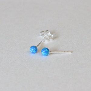 May include: A pair of silver stud earrings with blue opal stones.