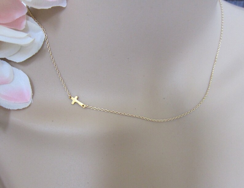 Extra tiny Gold Sideways Cross Necklace, Faith Necklace, Kelly Necklace, Celebrity Inspired image 1