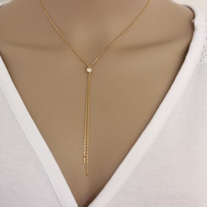 CZ Diamond lariat gouden ketting, sierlijke ketting, zilveren ketting, delicate goudzilveren ketting, y-ketting, cadeau bruidsmeisje, cadeau zus