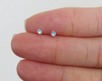 Sterling Silver 2mm, 2.5mm, 3mm, 4mm Aqua Blue Stud Earrings (12 birthstones and black, blue topaz), Cartilage Earring. tiny stud earrings