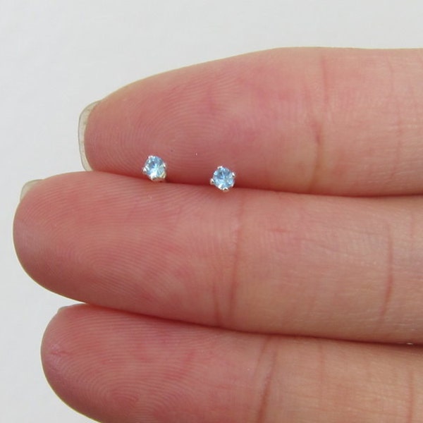 Sterling Silver 2mm, 2.5mm, 3mm, 4mm Aqua Blue Stud Earrings (12 birthstones and black, blue topaz), Cartilage Earring. tiny stud earrings