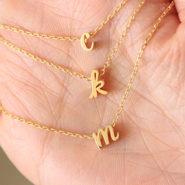 Tiny gold cursive  initial necklace, tiny letter necklace, dainty lowercase initial letter necklace, delicate necklace, bridesmaid gift