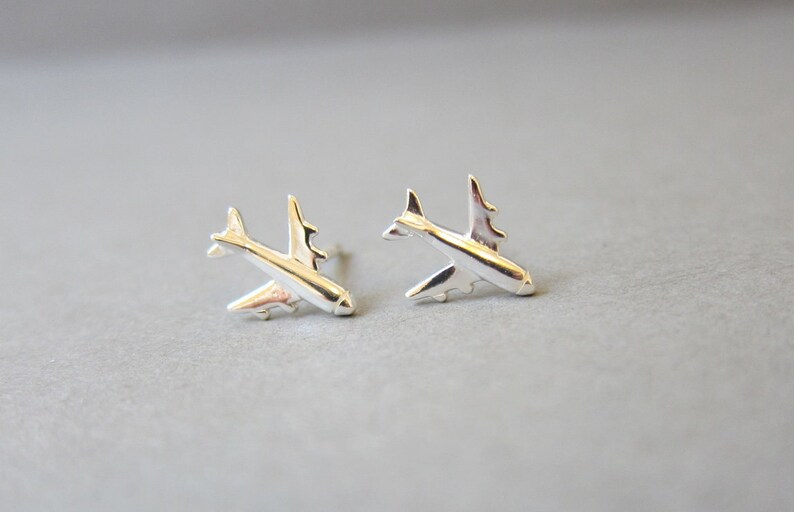 Tiny Sterling Silver Airplane Stud Earrings, Cute Earrings. image 2