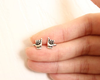 Tiny Sterling Silver Shaka Sign Stud Earrings, tiny Stud Earrings, Everyday Jewelry, i love you sign, minimalist, boyfriend girlfriend