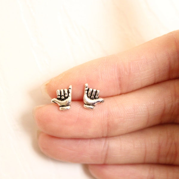 Tiny Sterling Silver Shaka Sign Stud Earrings, tiny Stud Earrings, Everyday Jewelry, i love you sign, minimalist, boyfriend girlfriend