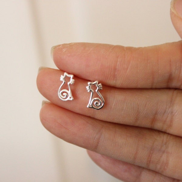 Niedliche Sterling Silber Katze Ohrstecker, Tier Ohrstecker, Kitty Ohrringe, Kinder Ohrringe, kleine Ohrstecker, Silber Ohrstecker