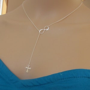 Sterling Silver Infinity Cross Necklace, Infinity Necklace, Cross Necklace, Lariat necklace, Mother Gift, Sister Gift. image 1