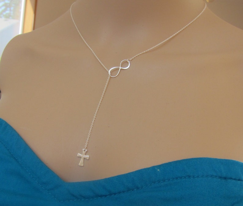 Sterling Silver Infinity Cross Necklace, Infinity Necklace, Cross Necklace, Lariat necklace, Mother Gift, Sister Gift. image 1