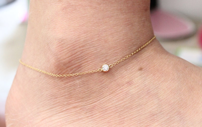 gold cz diamond Ankle bracelet, dainty gold anklet, tiny anklet, simple Gold Anklet, Gold Filled Chain Anklet, Summer, Beach, Bar Anklet image 3