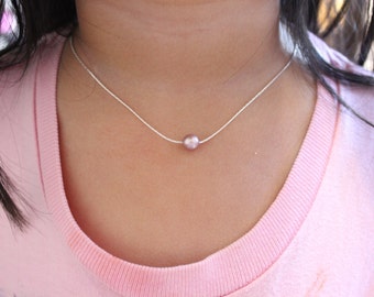 Rosa pärlhalsband, flytande pärlhalsband, barnhalsband, blomsterflickapresent, flickahalsband, blomsterflickahalsband, babyhalsband