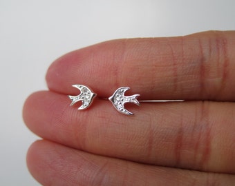 Tiny Sterling Silver Fish With Cubic Zirconia Fish Stud Earrings, cartilage earring, tiny stud earrings