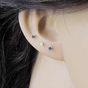 Tiny Sterling Silver 2mm Black CZ Stud Earrings, Cartilage Earring, tiny stud earrings,