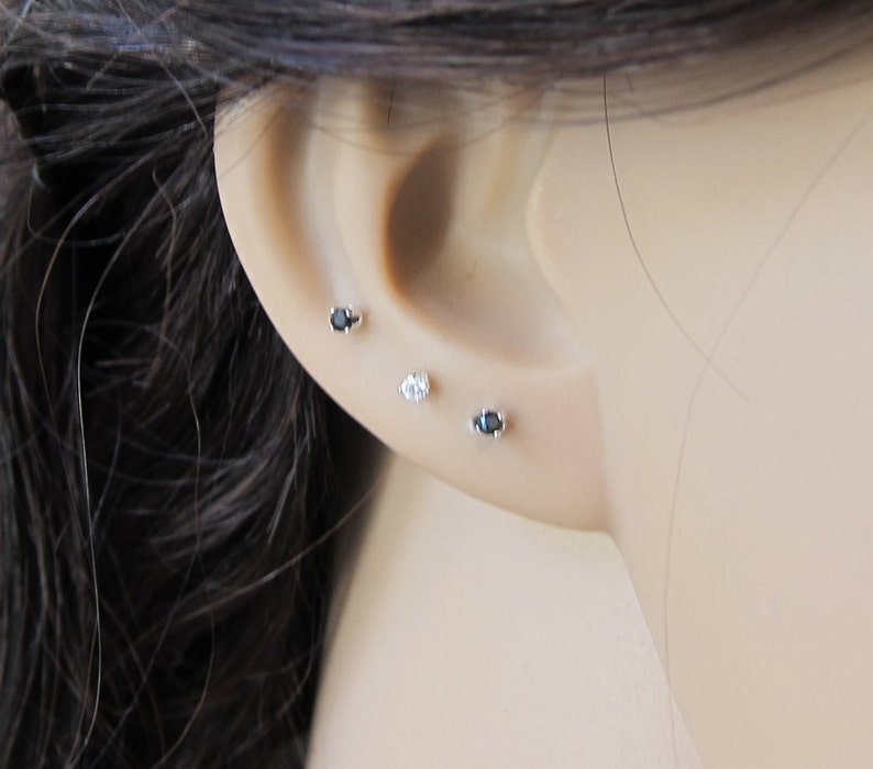 Tiny Sterling Silver 2mm Black CZ Stud Earrings, Cartilage Earring, tiny stud earrings, image 1