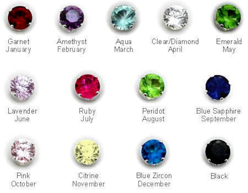 May include: A chart showing the birthstones for each month of the year. The chart shows a small round gemstone for each month, with the name of the gemstone and the month below it.