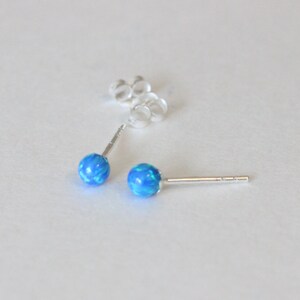 May include: A pair of silver stud earrings with blue opal stones.
