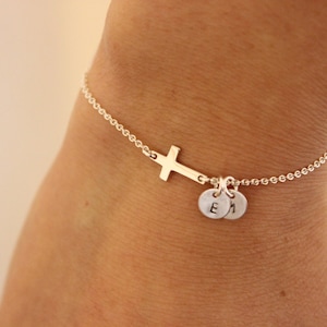 Sideways cross initial bracelet, tiny initial bracelet, personalize initial bracelet, baptism gift, tiny cross bracelet, sterling silver .