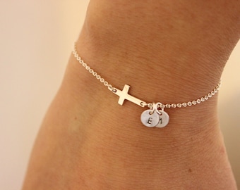 Sideways cross initial bracelet, tiny initial bracelet, personalize initial bracelet, baptism gift, tiny cross bracelet, sterling silver .