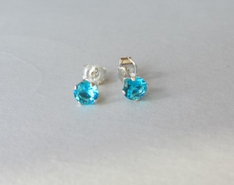 Tiny Sterling Silver 4 mm Blue Zircon CZ Stud Earrings, Cartilage Earring, tiny stud earrings,