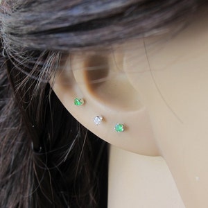Sterling Silver 2mm Emerald Stud Earrings ( Available in 14 colors -12 birtstone plus black, blue topaz ), Cartilage Earring, stud earrings