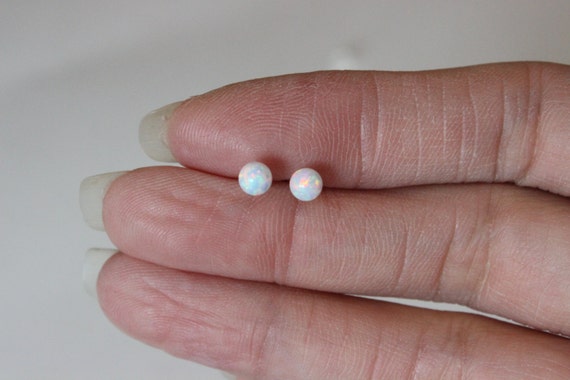White opal earrings, opal stud earrings, tiny stud earrings, Tiny Ball stud earrings, children earrings, teeny tiny studs dot earrings.