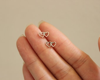 Sterling Silver Double Heart Stud Earrings, Heart Earrings, Gift for Girlfriend, Dainty Earrings, Everyday Jewelry, Sister Gift.