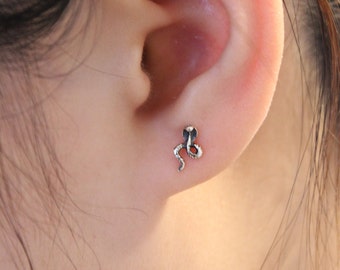 May include: A silver snake earring with a detailed design. The earring is worn in the left earlobe.