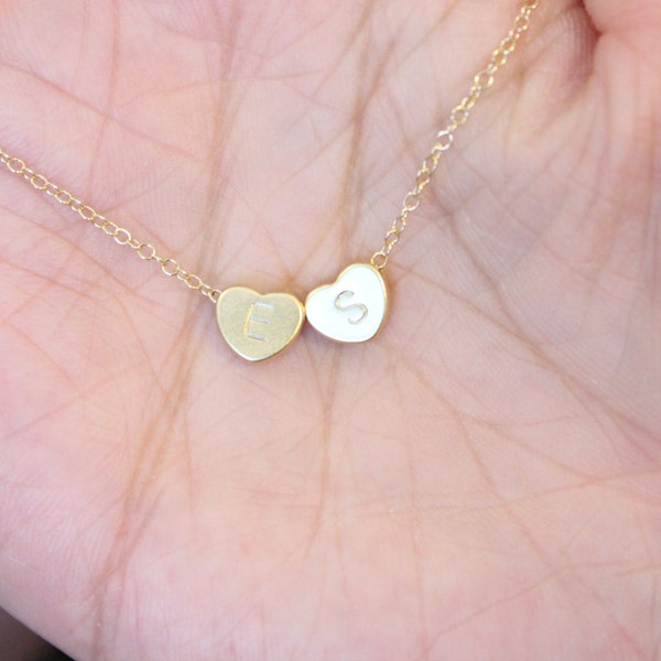 Two initial necklace, couple necklace, gift for girlfriend, anniversary gift, gift for newlyweds, double heart necklace, sister gift.