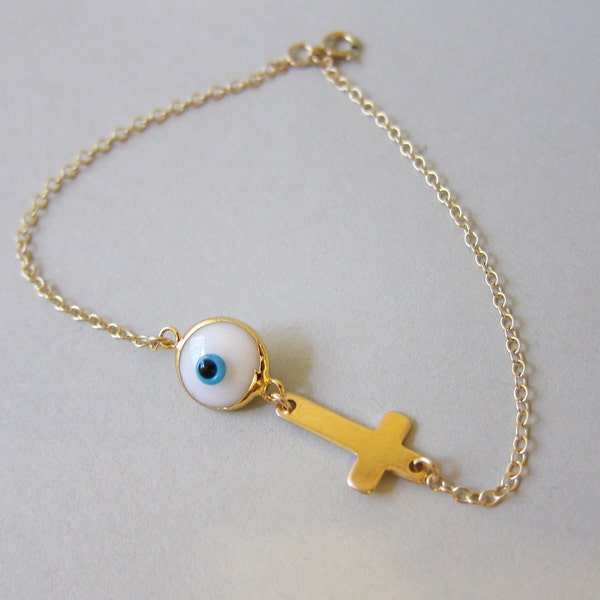 Tiny Gold Sideways Cross Evil Eye Bracelet, Gold-filled Bracelet, gold Cross Bracelet, Evil Eye Bracelet, Minimalist Jewelry.