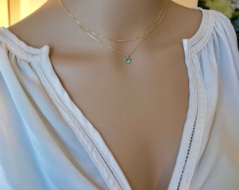 Double Chain blue Necklace, layered birthstone Necklace, sister gift,  Dainty tiny  gold necklace, minimalist Delicate  necklace, choker