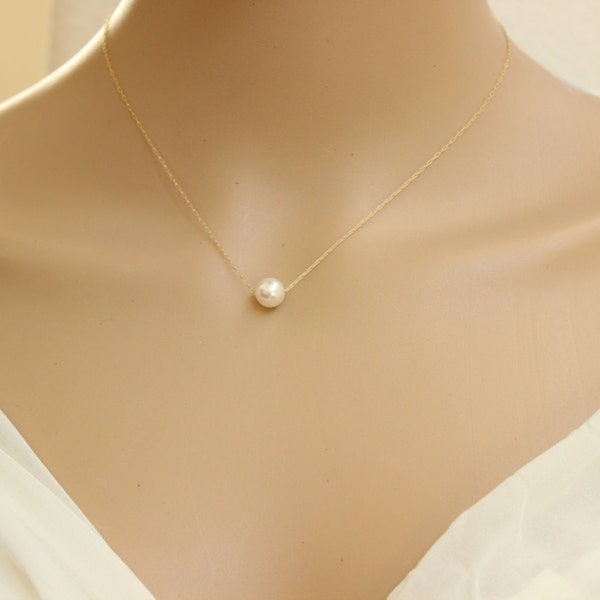 Floating Pearl Necklace, Classic Pearl Necklace, One Pearl Necklace, Bridesmaid Gift, Bridal party Gift, Wedding party Gift Bridesmaid pearl
