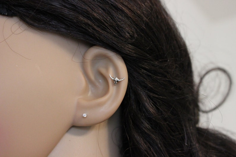 multiple piercing Bull Head Nose stud silver cartilage Tiny nose stud Bull Horns cartilage Bull Skull Nose ring cartilage stud tragus
