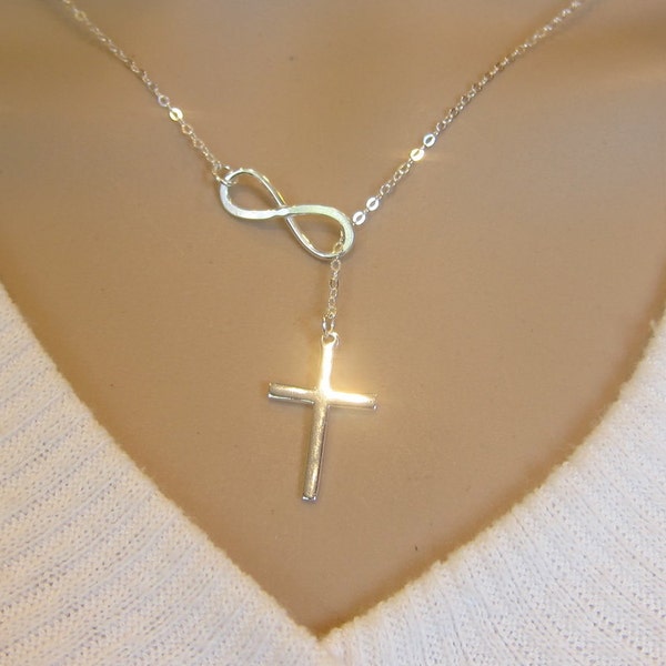 Large Sterling Silver Infinity Cross Necklace, Infinity Necklace, Cross Necklace, Lariat necklace, Mother Gift, Sister Gift.