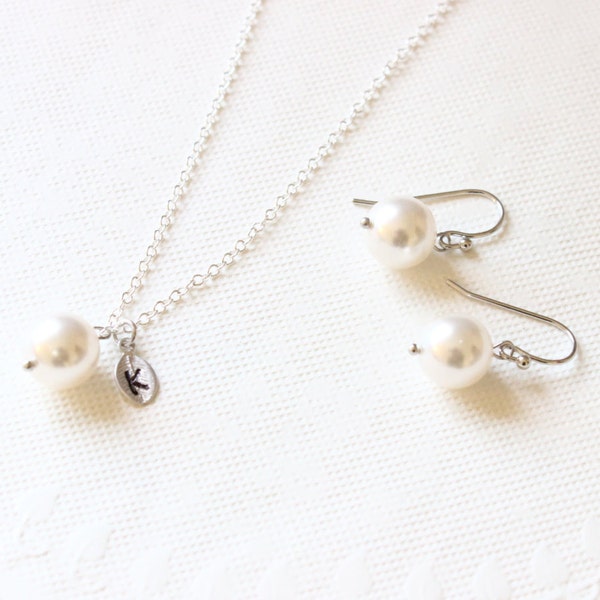 Earrings and Necklaces Set, Pearl Initial Necklace, Pearl Earrings, Simple Pearl Necklace, Bridesmaid Gift Wedding Jewelry Delicate necklace