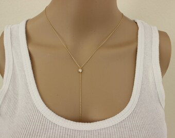 Silber erhältlich, CZ Diamant Lariat Halskette, einfache Lariat, Silber Lariat Halskette, zarte Goldkette, dünne Goldkette, y Halskette.