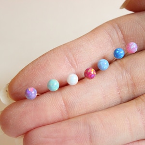 Opal sterling cartilage stud earring, Ball earring, tiny tragus stud earring,single earring, second hole pierced, 3mm, more size available